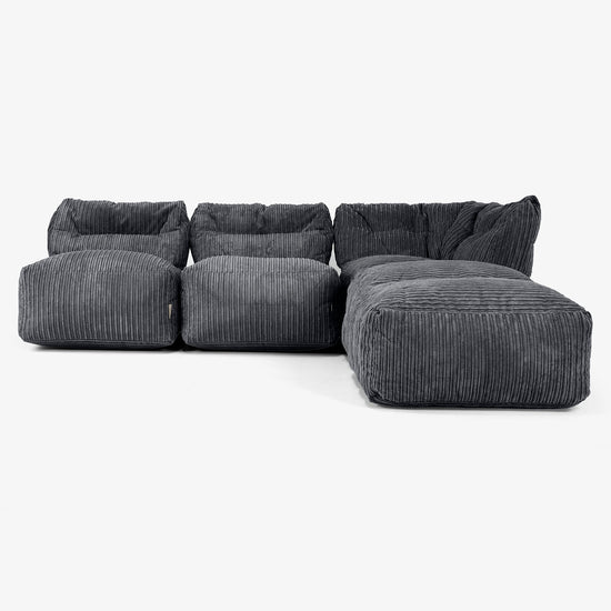 Sofa Modułowa 3-osobowa z Szezlongiem, bez Podłokietników - Klasyczny sztruks Czerń 01