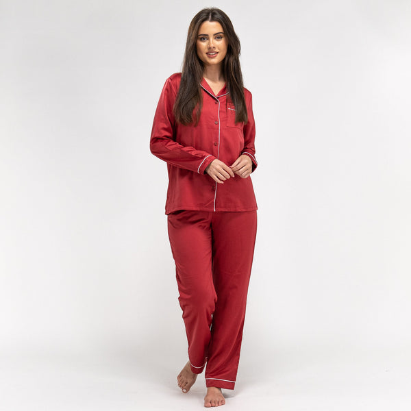 Spodnie piżamowe satynowe damskie - Czerwień 01