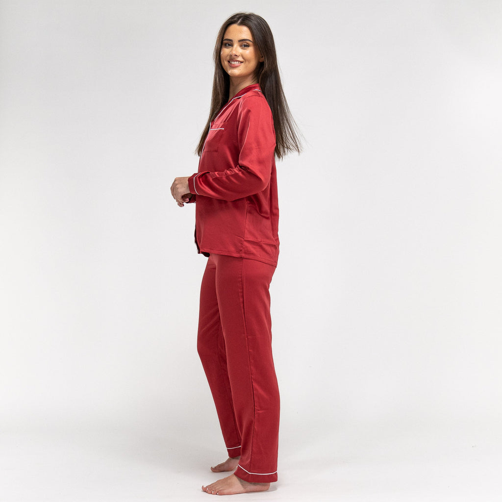 Spodnie piżamowe satynowe damskie - Czerwień 02