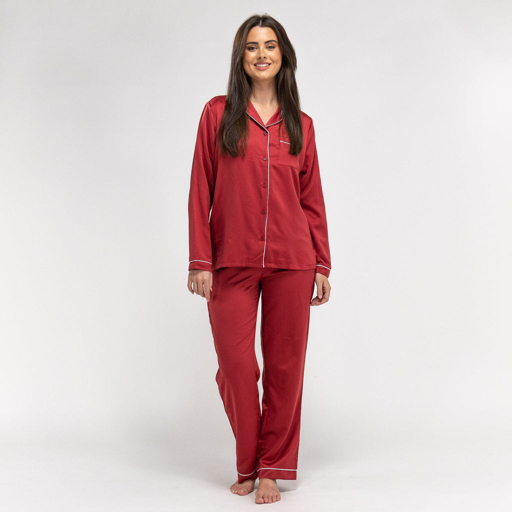 Spodnie piżamowe satynowe damskie - Czerwień 03
