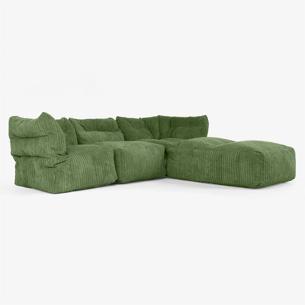 Sofa Modułowa 3-osobowa z Szezlongiem i Podłokietnikami - Klasyczny sztruks Leśna zieleń 01