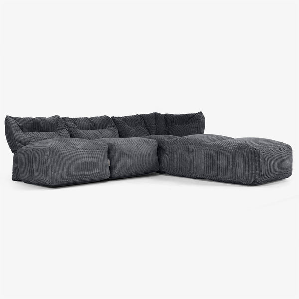 Sofa Modułowa 3-osobowa z Szezlongiem, bez Podłokietników - Klasyczny sztruks Czerń 01