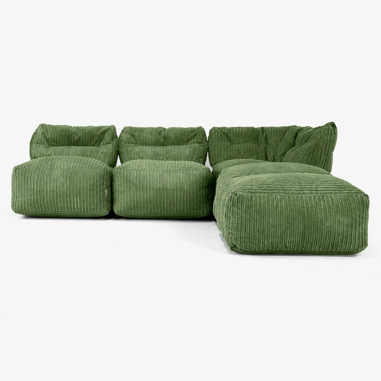 Sofa Modułowa 3-osobowa z Szezlongiem, bez Podłokietników - Klasyczny sztruks Leśna zieleń 01