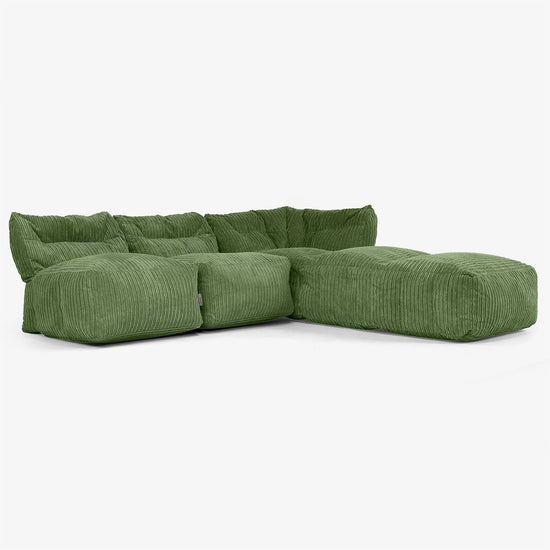 Sofa Modułowa 3-osobowa z Szezlongiem, bez Podłokietników - Klasyczny sztruks Leśna zieleń 02