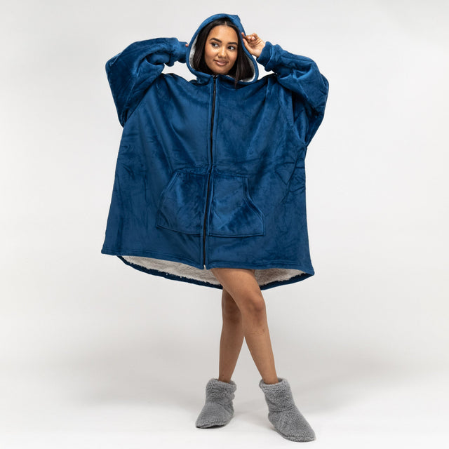 Bluza oversize / koc z kapturem na zamek dla mężczyzn lub kobiet - Plusz minky Ciemnoniebieski 01