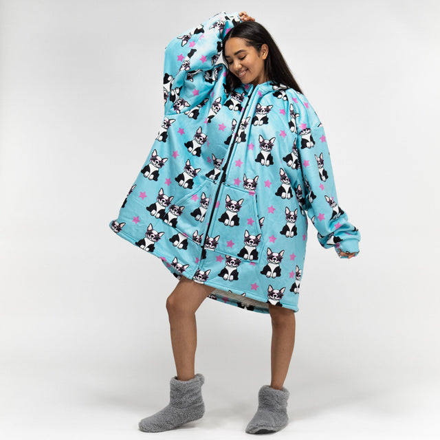 Bluza oversize / koc z kapturem na zamek dla mężczyzn lub kobiet - Plusz minky Mops 01