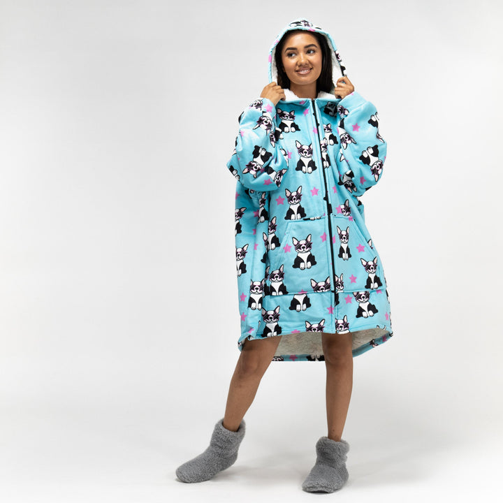 Bluza oversize / koc z kapturem na zamek dla mężczyzn lub kobiet - Plusz minky Mops 02