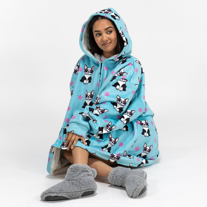 Bluza oversize / koc z kapturem na zamek dla mężczyzn lub kobiet - Plusz minky Mops 04