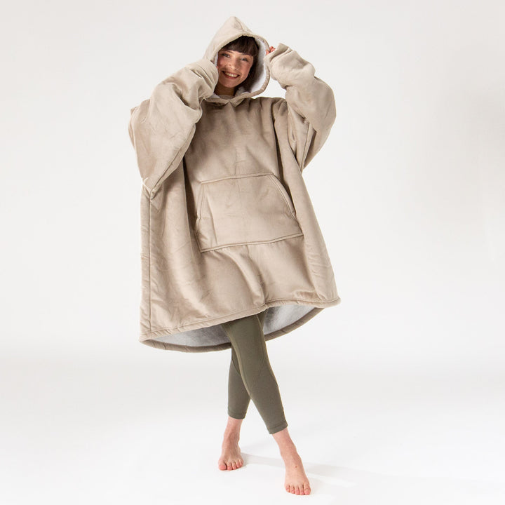 Bluza oversize / koc z kapturem dla mężczyzn lub kobiet - Plusz minky Śmietanka / Mysi 01