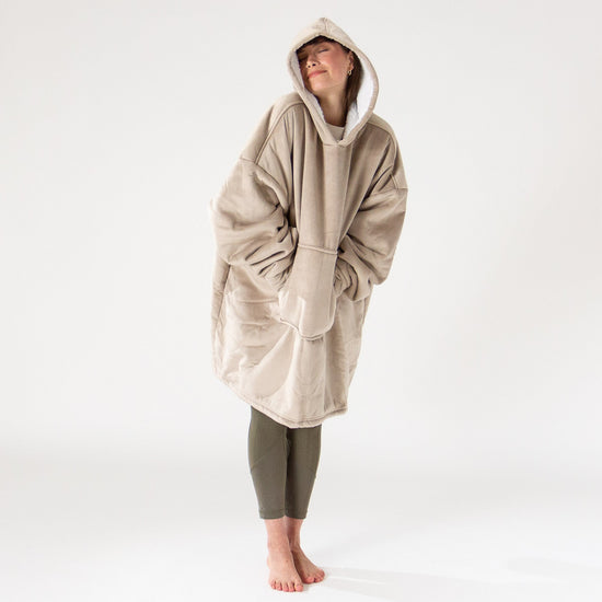 Bluza oversize / koc z kapturem dla mężczyzn lub kobiet - Plusz minky Śmietanka / Mysi 02