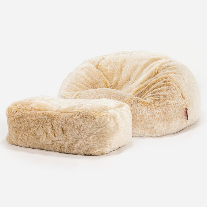 Klasyczna sofa pufa - Sztuczne futerko owcze Biel 02